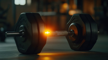 This striking image features a black dumbbell with a glowing light, creating a dramatic effect in a gym environment, perfect for promoting fitness and strength training themes.の素材