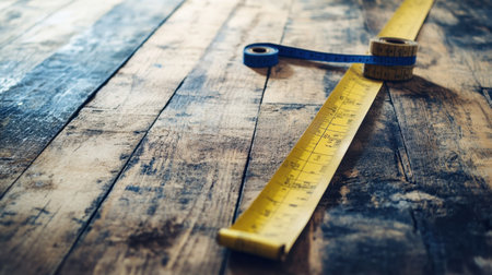 A rustic wooden table serves as a backdrop for a yellow measuring tape and a ruler, highlighting the artistry of measurement in creative projects and craftsmanship.の素材