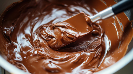 Close-up of rich, smooth melted chocolate in a bowl with spatula. Perfect for culinary creations, baking recipes, and indulgent dessert preparations.の素材