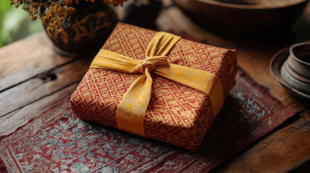 A beautifully wrapped gift box sits on an intricate textile against a wooden surface, exuding elegance and tradition, enhanced by natural decor and warm colors.の素材