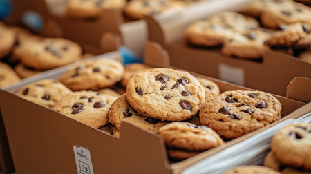 An inviting assortment of freshly baked chocolate chip cookies arranged in neat cardboard boxes, showcasing the delightful treats perfect for any occasion.の素材