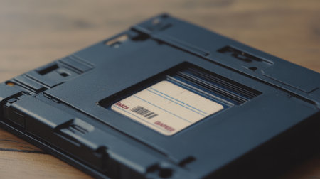 A close-up view of a vintage floppy disk resting on a wooden surface, showcasing retro storage technology from the 1980s and 1990s, highlighting its nostalgic charm and significance in computing history.の素材
