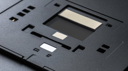 Detailed close-up of a modern electronic device component showcasing a fingerprint sensor, designed for secure identification and access technology applications in various industries.の素材