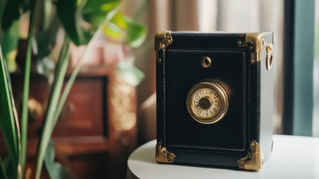 This charming vintage safe, featuring an intricate combination lock, adds timeless elegance to a modern interior, enhanced by green plants and classic furniture elements.の素材