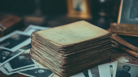 An evocative scene featuring a stack of vintage photographs and old documents on a rustic wooden table, surrounded by antique frames that evoke a deep sense of nostalgia and history.の素材