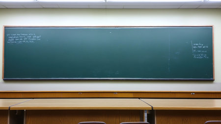 A spacious and empty classroom featuring a green chalkboard and wooden desks, perfect for representing educational themes, teaching scenarios, and academic environments.の素材