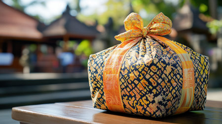 A beautifully wrapped gift showcasing exquisite batik patterns, set outdoors amidst Balinese architecture, captures the essence of cultural artistry and celebration.の素材