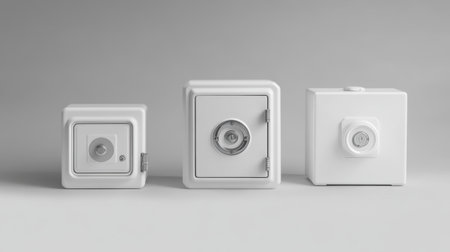 A striking image of three white safes in varying sizes highlights modern design and security features. Ideal for concepts related to protection and finance.の素材