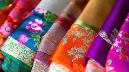 Discover the beauty of vibrant textiles featuring intricate patterns and rich colors, highlighting the craftsmanship and cultural heritage that define exceptional fabric design.の素材
