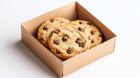 This image features freshly baked chocolate chip cookies nestled in a simple cardboard box, showcasing their deliciousness and inviting appearance, perfect for any occasion.の素材