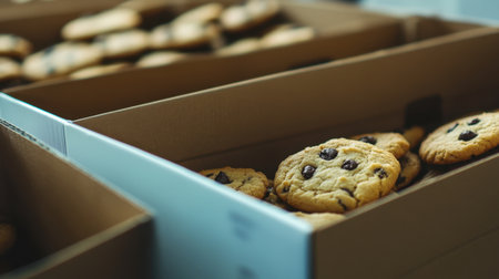 A vivid close-up of freshly baked chocolate chip cookies in cardboard boxes, set against a clean kitchen background, ideal for highlighting delicious bakery offerings.の素材