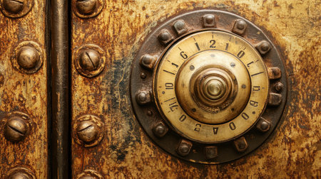 Close-up of a vintage safe lock featuring intricate details and a weathered surface, perfect for projects emphasizing security, history, or mystery themes in your creative designs.の素材