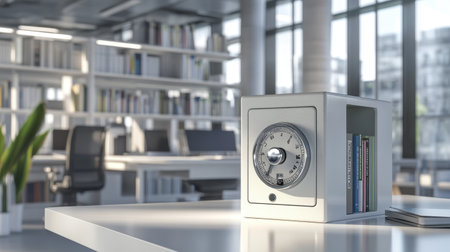 Modern office setting showcases a stylish safe on a desk amid books and greenery, symbolizing security and organization for a productive work environment filled with natural light.の素材