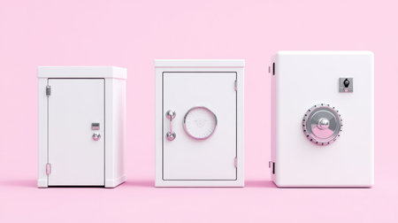 Three elegant white safes stand aligned against a soft pink backdrop, emphasizing modern security solutions for valuables and important documents in a stylish and minimalistic setting.の素材