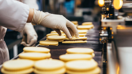 This image captures a worker in a food manufacturing environment carefully placing cream between cookies on an industrial conveyor, showcasing the precision of dessert production.の素材