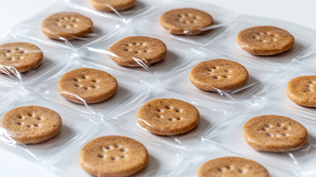 A collection of freshly baked cookies presented in clear packaging, perfect for showcasing desserts and snacks. Ideal for food photography and culinary inspiration.の素材