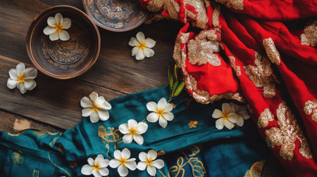 An exquisite arrangement featuring rich red and green textiles alongside delicate white flowers on a rustic wooden table, ideal for cultural or decorative themes.の素材