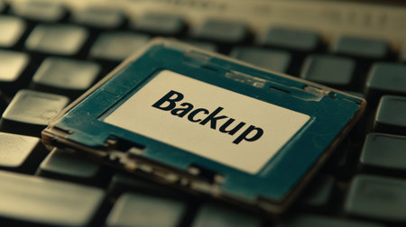 A close-up image of a vintage floppy disk labeled "Backup" resting on a keyboard, representing themes of data storage, security, and information management in today's digital world.の素材