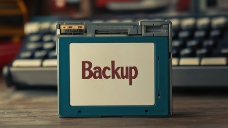 A vintage backup storage device featuring a retro design sits on a wooden surface, with a classic keyboard in the background, symbolizing nostalgia and the importance of data preservation.の素材