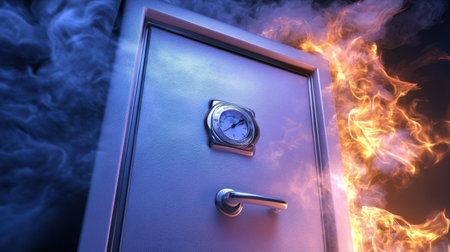 An artistic representation of a mysterious door with a clock, enveloped in smoke and flames, creating a dramatic contrast that evokes themes of time, danger, and intrigue.の素材