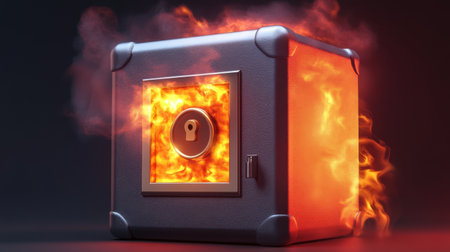 A powerful image of a safe engulfed in intense flames, highlighting themes of security and the inherent risks of fire. This striking visual captures attention and evokes strong emotions.の素材