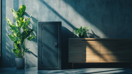 This modern interior scene showcases a secure safe and stylish cabinet accompanied by vibrant greenery, creating a harmonious blend of tranquility and contemporary design.の素材