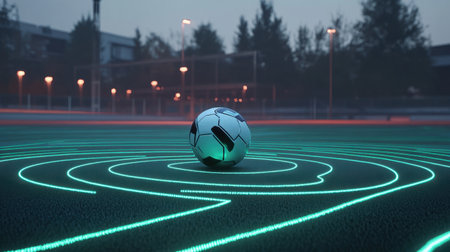 A captivating image of a soccer ball set against a futuristic neon field with swirling light patterns, creating a stunning visual representation of modern sport and technology.の素材