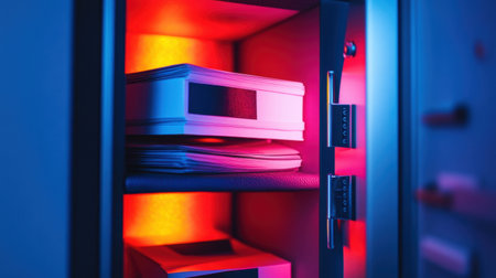 A modern safe glows with vibrant blue and red lights, featuring neatly stacked documents and folders, symbolizing security and organized storage in contemporary spaces.の素材