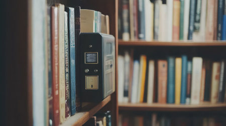 This image showcases a vintage bookcase containing a unique book lending system, surrounded by various books, providing an atmosphere of knowledge and literary charm.の素材