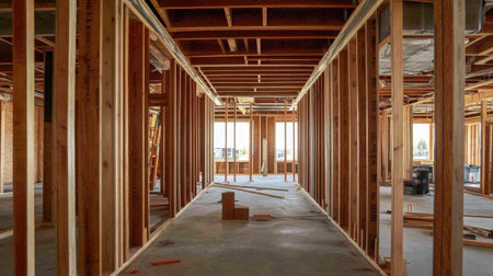 A captivating view of an interior construction site featuring wooden framing and beams, capturing the essence of building progress and architectural design during the renovation phase.の素材
