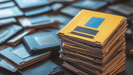 A creative composition showcases a stack of colorful floppy disks, prominently featuring a yellow disk among black ones, evoking nostalgia for vintage digital storage solutions.の素材