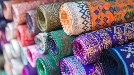A vibrant assortment of rolled textile fabrics with intricate designs showcased in a market, perfect for crafting, fashion, and artistic projects. Discover endless creative possibilities.の素材