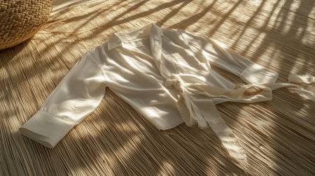 A stylish white crop top is elegantly draped on a natural woven surface, casting beautiful shadows. This image embodies fashion, simplicity, and artistic design perfect for marketing.の素材