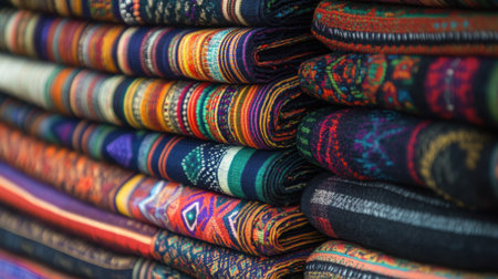 A captivating arrangement of colorful textiles showcasing intricate patterns and vibrant designs, perfect for conveying cultural richness and artistic craftsmanship.の素材