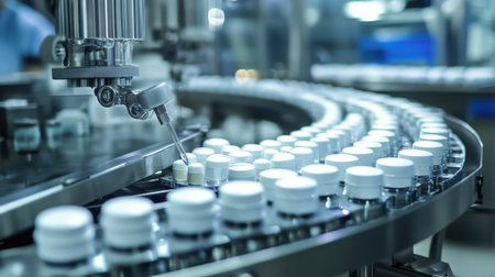 A high-tech pharmaceutical production line showcases automated machinery efficiently filling and packaging bottles in a clean and modern factory environment, highlighting industrial innovation.の素材