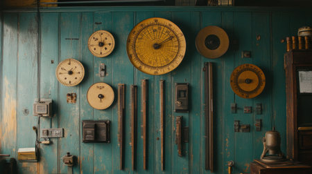 This image showcases a collection of vintage measuring tools and clocks on a beautifully textured teal wall, offering a glimpse into decorative history and craftsmanship.の素材