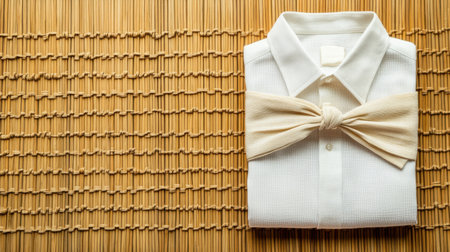 A neatly folded white shirt with a stylish bow tie placed on a textured surface, showcasing elegance and sophistication for any formal event or special occasion.の素材