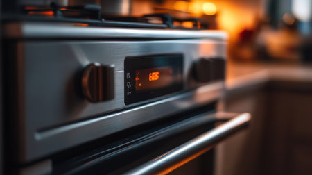 A close-up view of a modern oven with a digital control panel, situated in a stylish kitchen setting that combines functionality and aesthetic appeal.の素材