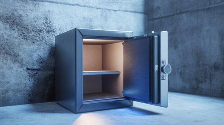 A modern steel safe with an open door and illuminated interior, ideal for showcasing security and storage solutions in various contexts, set against a concrete backdrop.の素材