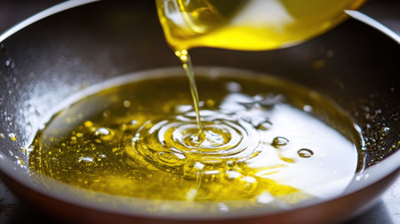 A close-up view of golden cooking oil being poured into a black frying pan, capturing the ripples and reflections, perfect for cooking-related visuals and culinary art.の素材