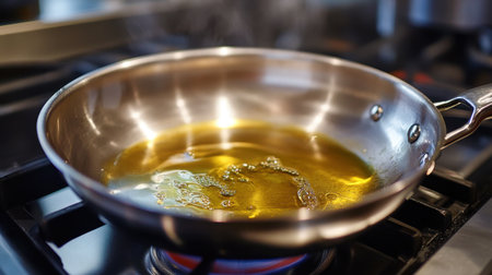 A stainless steel pan with heating olive oil sits on a gas stove in a modern kitchen. Steam rises, indicating preparation for sautの素材