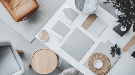A top-down view of a modern workspace showcasing a neutral color palette with elegant office supplies, stylish furniture, and natural elements for an inspiring environment.の素材