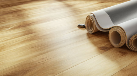 A close-up view of rolled wallpaper on a newly installed wooden floor, highlighting the warm glow of sunlight, creating a welcoming and stylish home interior atmosphere.の素材