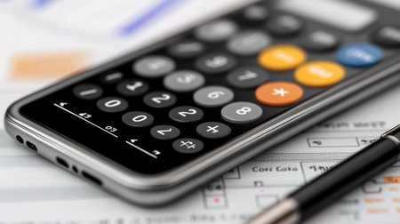A detailed view of a modern calculator on financial documents with a black pen, exemplifying the essential role of calculations in business and accounting practices.の素材