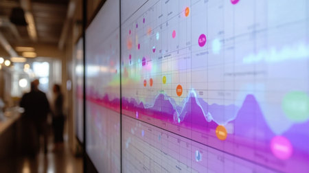 Engaging view of colorful data visualization on a large screen in a modern office, illustrating key insights and trends for effective business decision making and strategic planning.の素材