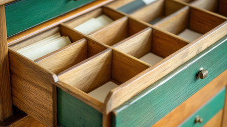 A close-up view of a vintage wooden drawer featuring multiple dividers, perfect for organizing craft supplies or office materials in a stylish and functional manner.の素材