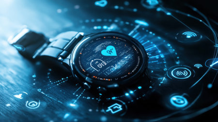 A sleek smartwatch showcases heart rate data on its digital screen, surrounded by various tech symbols, reflecting modern health monitoring and an active lifestyle.の素材
