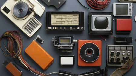 A vibrant collection of vintage electronics showcases various gadgets, including cassette players, old televisions, and audio equipment, arranged artistically on a dark background.の素材