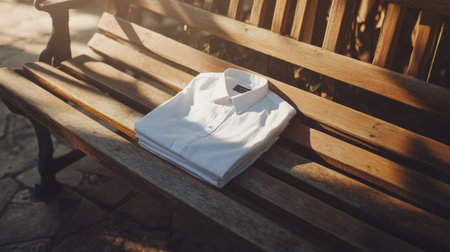 A neatly folded white dress shirt placed on a rustic wooden bench, beautifully illuminated by soft natural light, creating a serene and stylish outdoor ambiance.の素材
