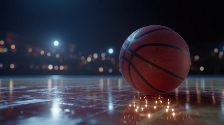 A stunning close-up image of a basketball resting on a glossy court, illuminated by soft glowing lights, capturing the intense atmosphere of a competitive night game.の素材